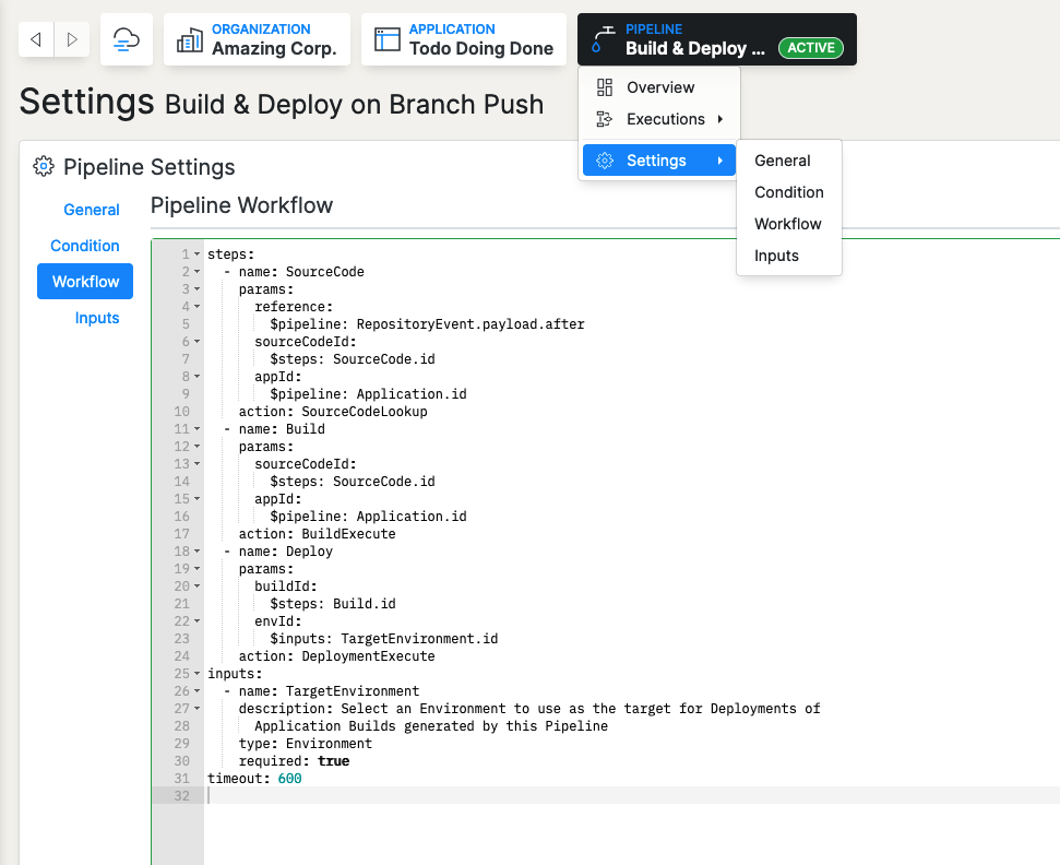 Screenshot showing the Pipeline settings page and the menu dropdown used to access the settings